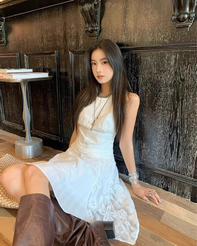 Y.JIA Gardenia White Lace Patchwork Sleeveless Slim Dress