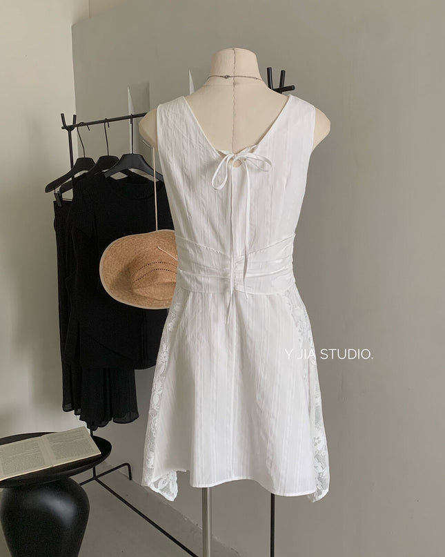 Y.JIA Gardenia White Lace Patchwork Sleeveless Slim Dress