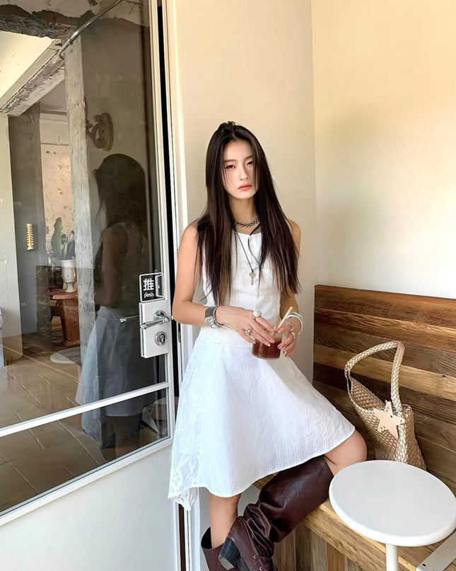 Y.JIA Gardenia White Lace Patchwork Sleeveless Slim Dress