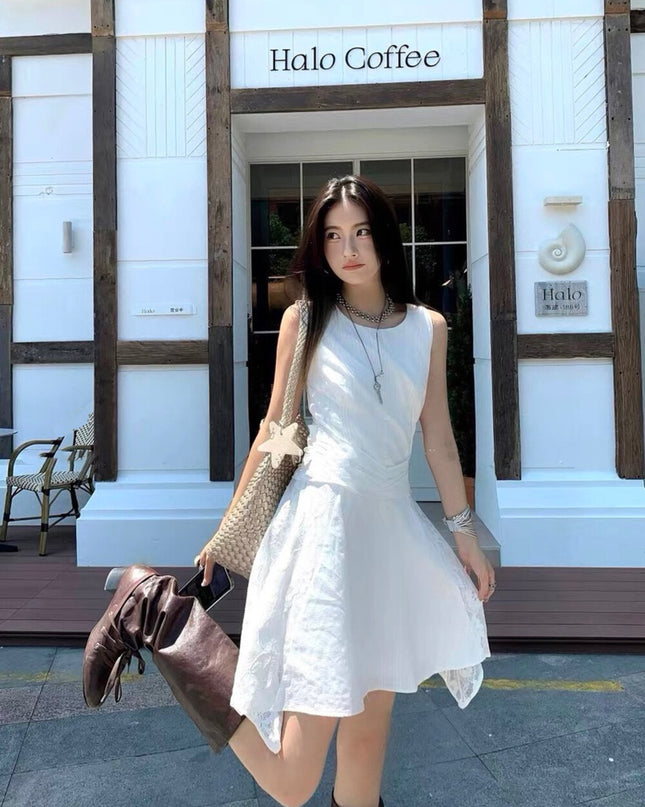 Y.JIA Gardenia White Lace Patchwork Sleeveless Slim Dress