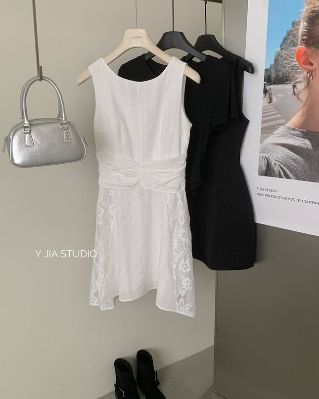 Y.JIA Gardenia White Lace Patchwork Sleeveless Slim Dress