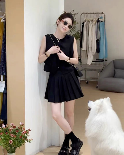 Y.JIA Old Money Lace-Trim Vest + Pleated Skirt Set