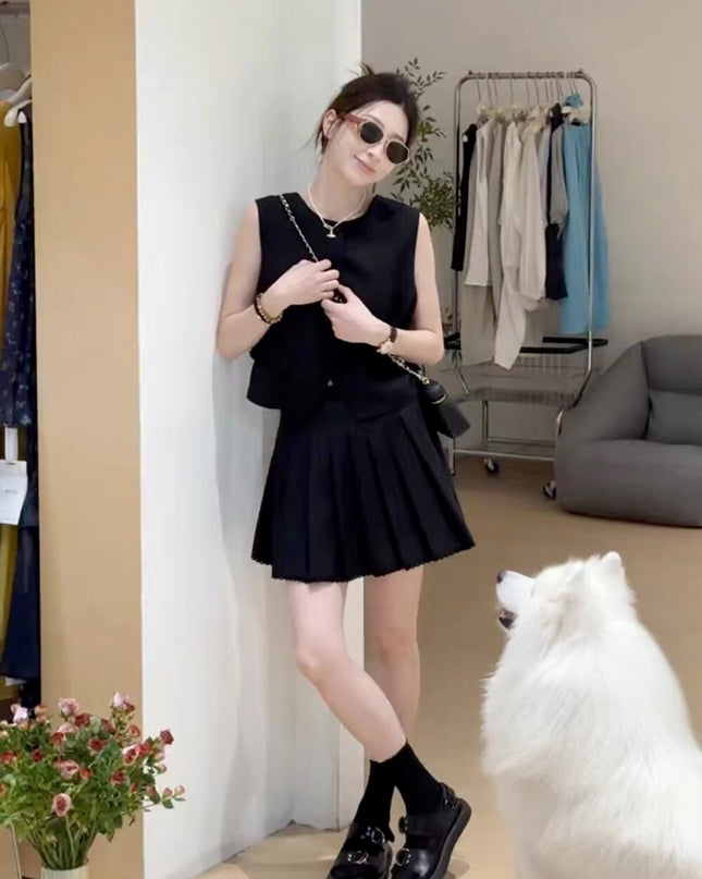 Y.JIA Old Money Lace-Trim Vest + Pleated Skirt Set