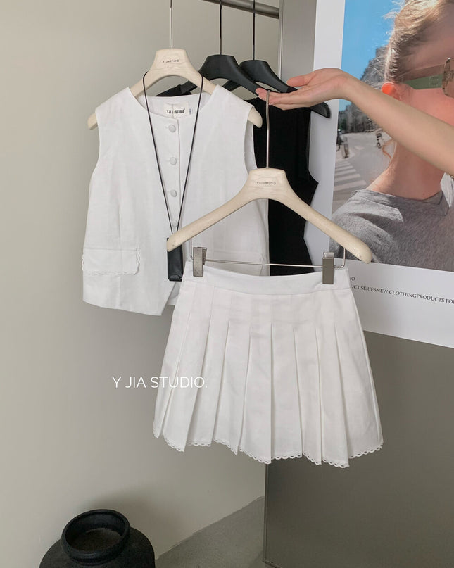 Y.JIA Old Money Lace-Trim Vest + Pleated Skirt Set