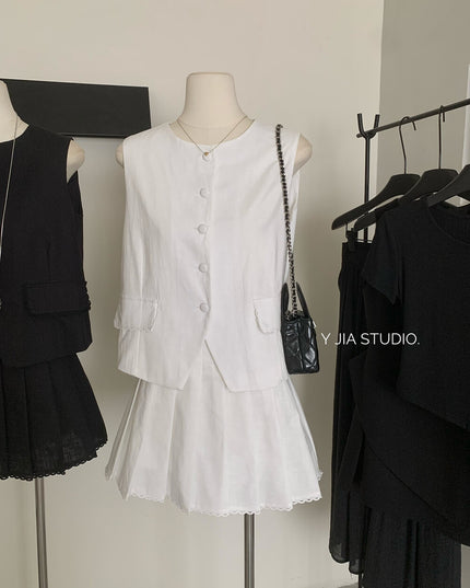 Y.JIA Old Money Lace-Trim Vest + Pleated Skirt Set