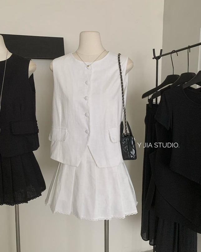 Y.JIA Old Money Lace-Trim Vest + Pleated Skirt Set