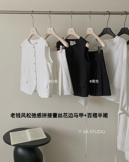 Y.JIA Old Money Lace-Trim Vest + Pleated Skirt Set