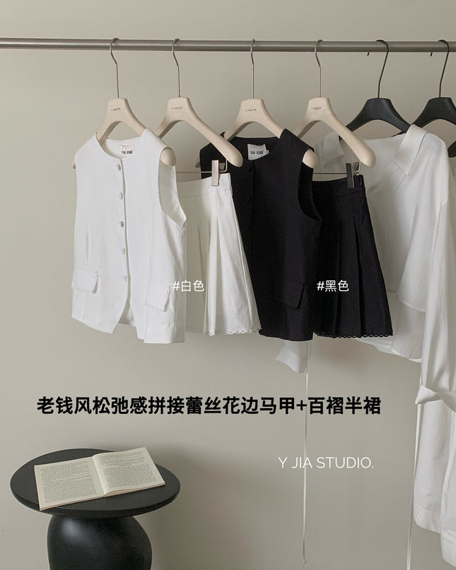 Y.JIA Old Money Lace-Trim Vest + Pleated Skirt Set