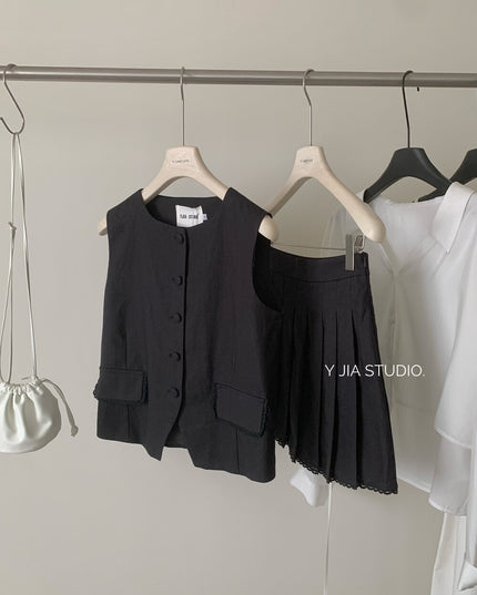 Y.JIA Old Money Lace-Trim Vest + Pleated Skirt Set