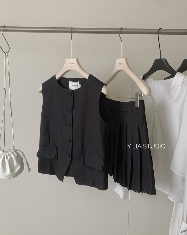 Y.JIA Old Money Lace-Trim Vest + Pleated Skirt Set