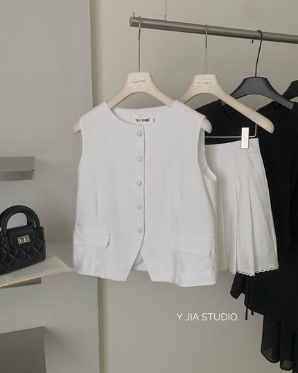 Y.JIA Old Money Lace-Trim Vest + Pleated Skirt Set