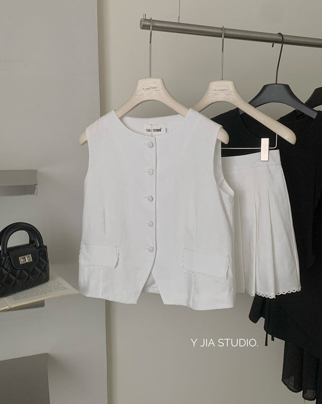 Y.JIA Old Money Lace-Trim Vest + Pleated Skirt Set