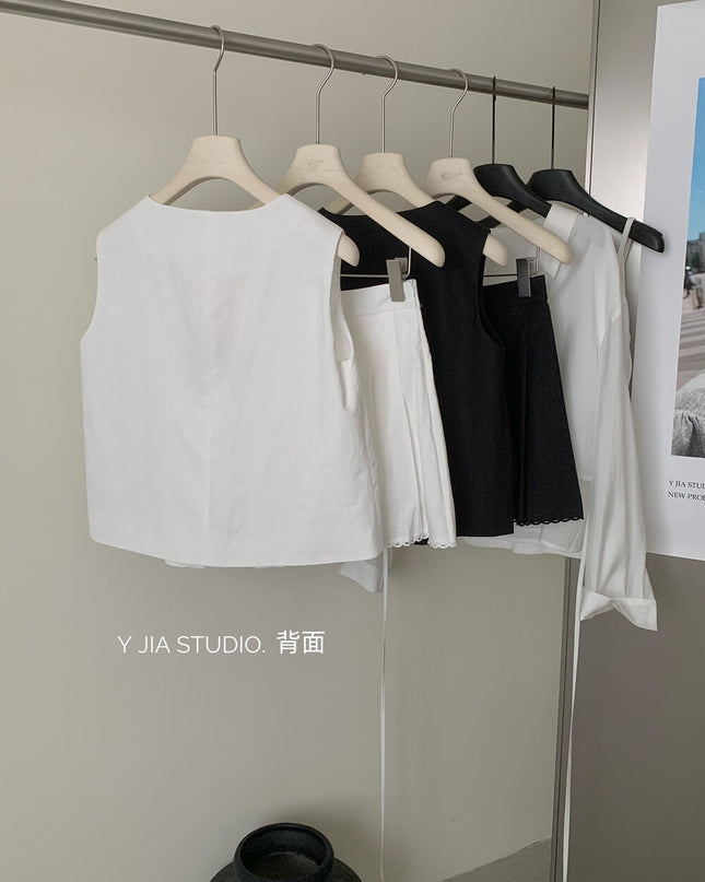Y.JIA Old Money Lace-Trim Vest + Pleated Skirt Set