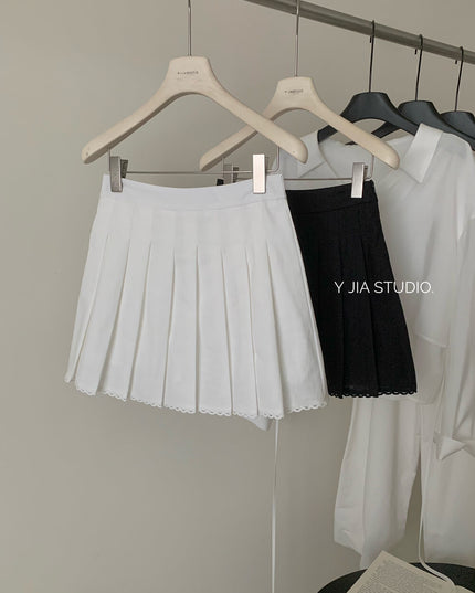 Y.JIA Old Money Lace-Trim Vest + Pleated Skirt Set