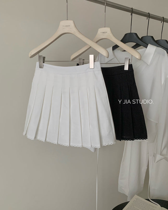 Y.JIA Old Money Lace-Trim Vest + Pleated Skirt Set