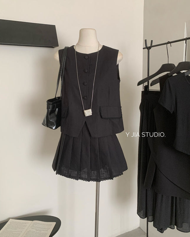 Y.JIA Old Money Lace-Trim Vest + Pleated Skirt Set