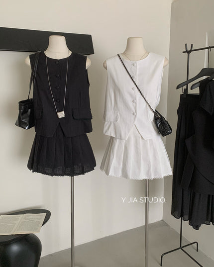 Y.JIA Old Money Lace-Trim Vest + Pleated Skirt Set
