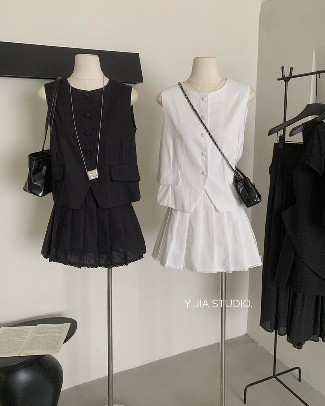 Y.JIA Old Money Lace-Trim Vest + Pleated Skirt Set