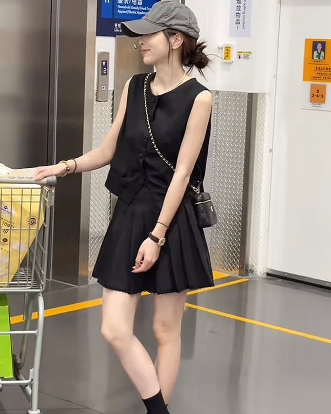 Y.JIA Old Money Lace-Trim Vest + Pleated Skirt Set