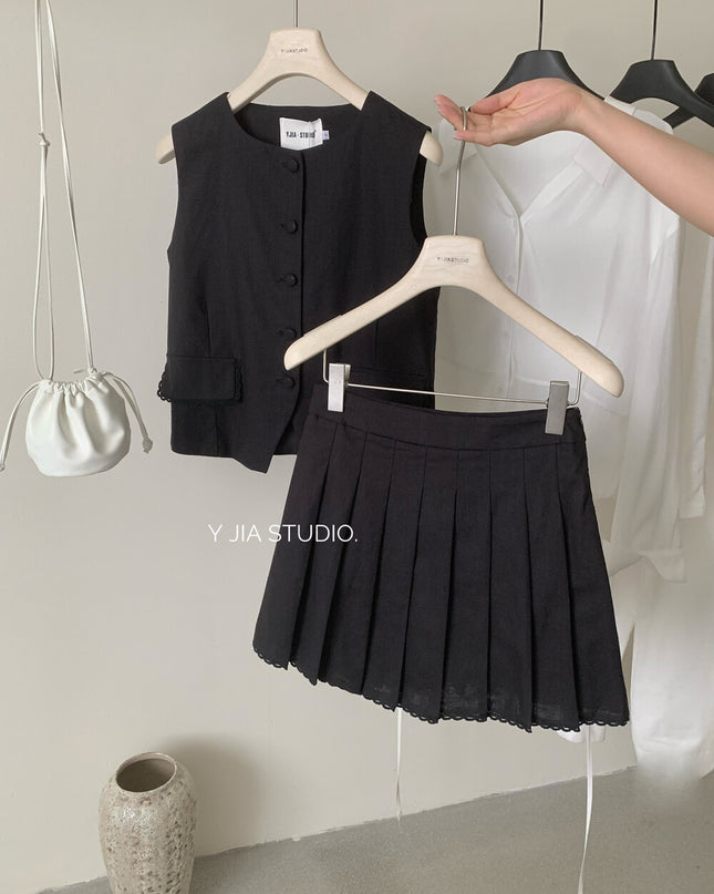 Y.JIA Old Money Lace-Trim Vest + Pleated Skirt Set