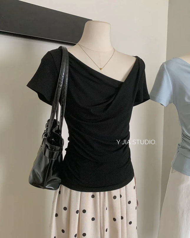 Y.JIA Asymmetrical Twist Neck Lyocell Slim-Fit Tee