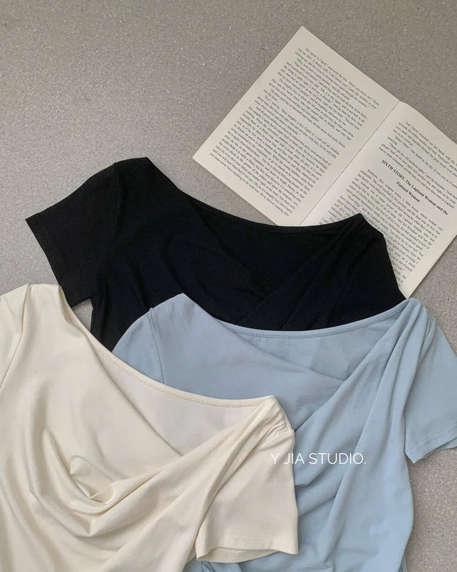 Y.JIA Asymmetrical Twist Neck Lyocell Slim-Fit Tee
