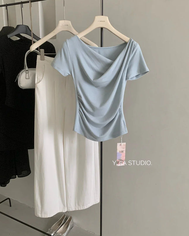 Y.JIA Asymmetrical Twist Neck Lyocell Slim-Fit Tee