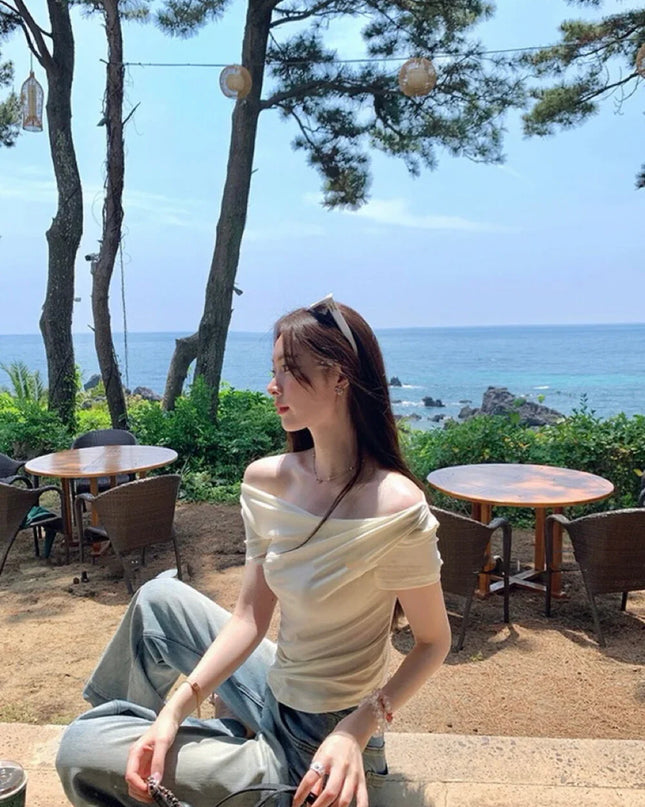 Y.JIA Asymmetrical Twist Neck Lyocell Slim-Fit Tee
