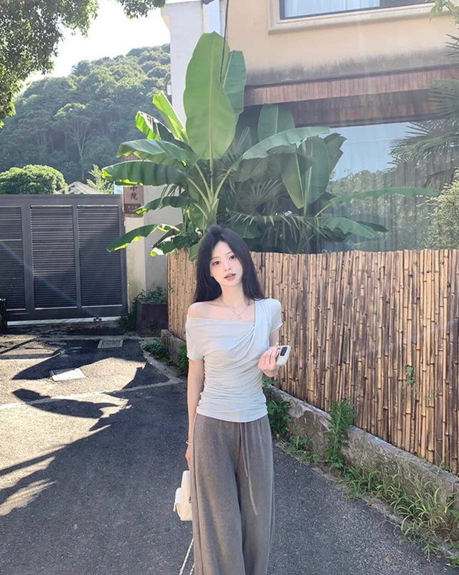 Y.JIA Asymmetrical Twist Neck Lyocell Slim-Fit Tee