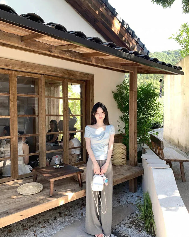 Y.JIA Asymmetrical Twist Neck Lyocell Slim-Fit Tee