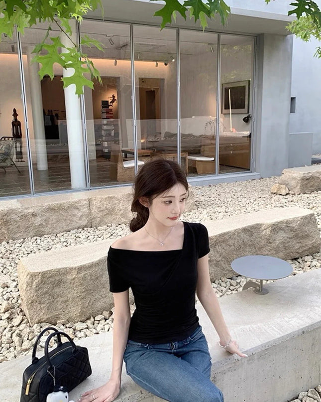 Y.JIA Asymmetrical Twist Neck Lyocell Slim-Fit Tee