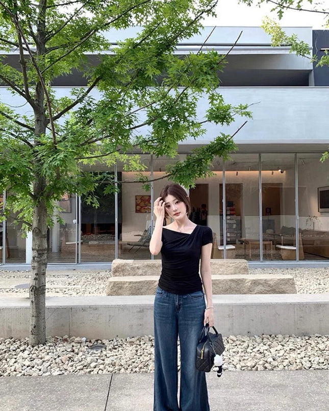 Y.JIA Asymmetrical Twist Neck Lyocell Slim-Fit Tee