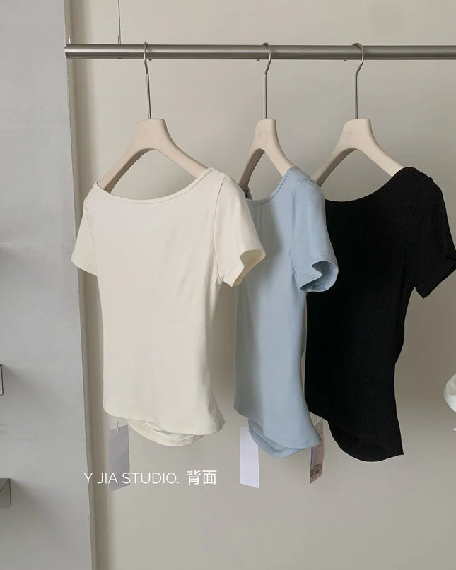 Y.JIA Asymmetrical Twist Neck Lyocell Slim-Fit Tee