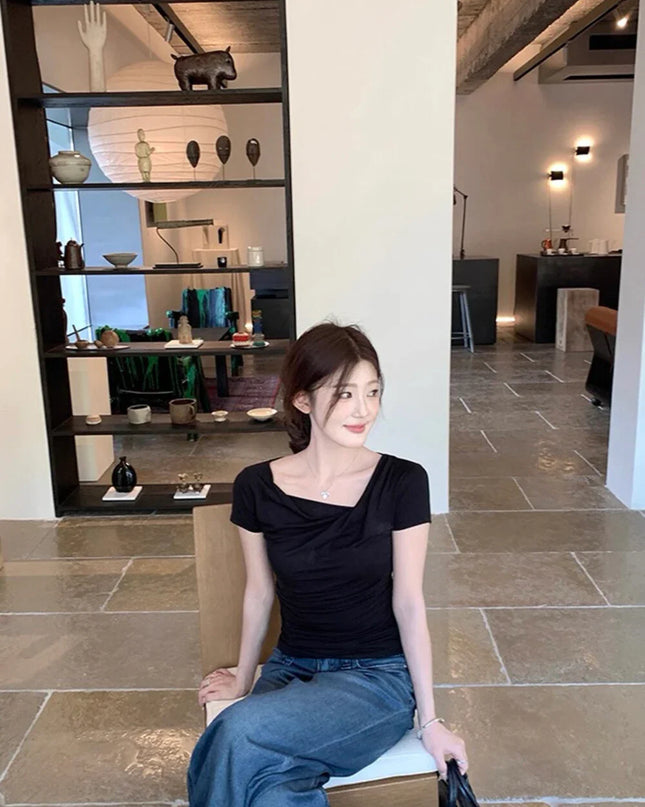 Y.JIA Asymmetrical Twist Neck Lyocell Slim-Fit Tee