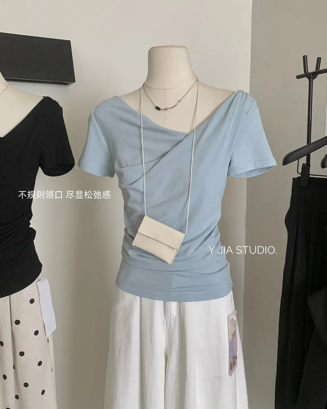 Y.JIA Asymmetrical Twist Neck Lyocell Slim-Fit Tee