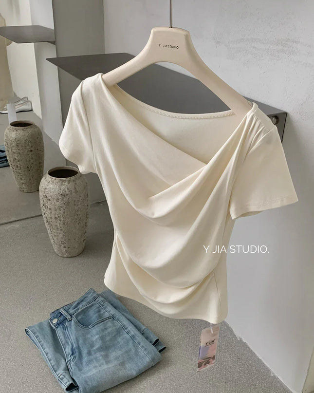 Y.JIA Asymmetrical Twist Neck Lyocell Slim-Fit Tee
