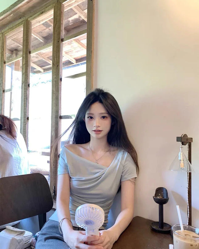 Y.JIA Asymmetrical Twist Neck Lyocell Slim-Fit Tee