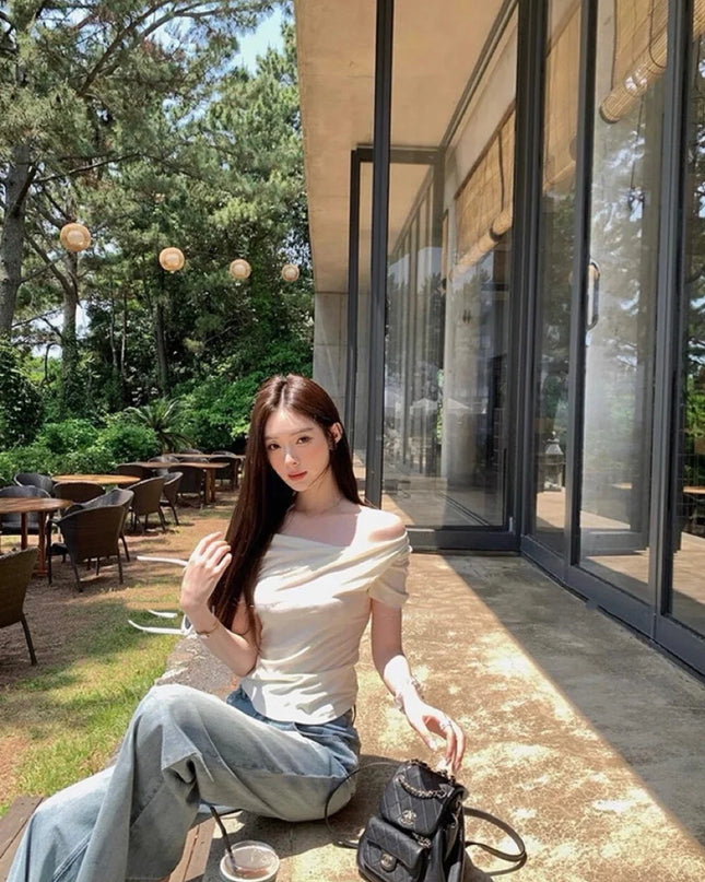 Y.JIA Asymmetrical Twist Neck Lyocell Slim-Fit Tee