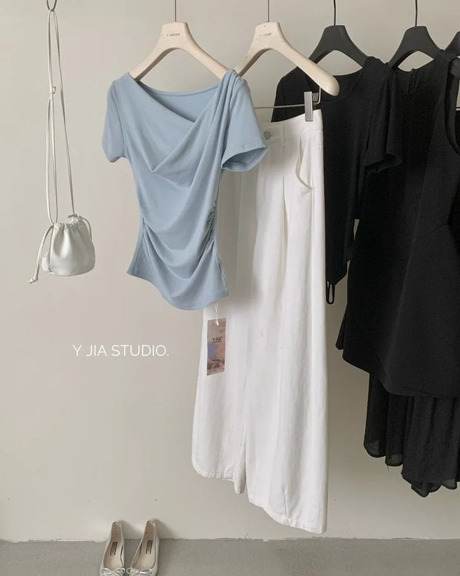 Y.JIA Asymmetrical Twist Neck Lyocell Slim-Fit Tee