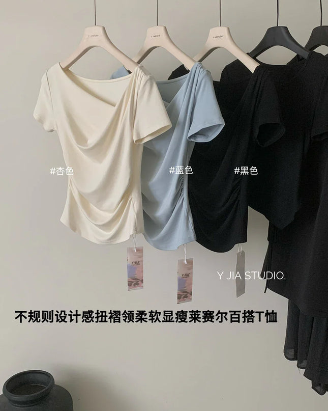 Y.JIA Asymmetrical Twist Neck Lyocell Slim-Fit Tee
