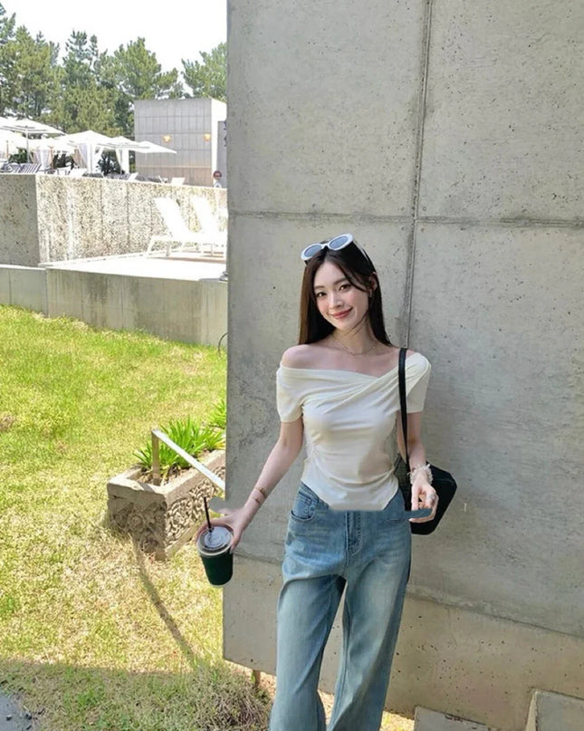 Y.JIA Asymmetrical Twist Neck Lyocell Slim-Fit Tee