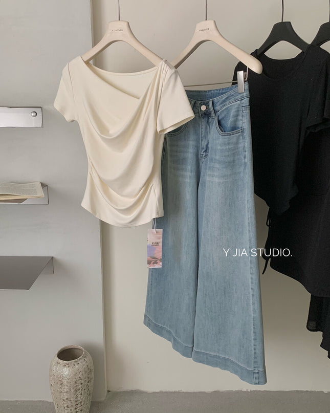 Y.JIA Asymmetrical Twist Neck Lyocell Slim-Fit Tee