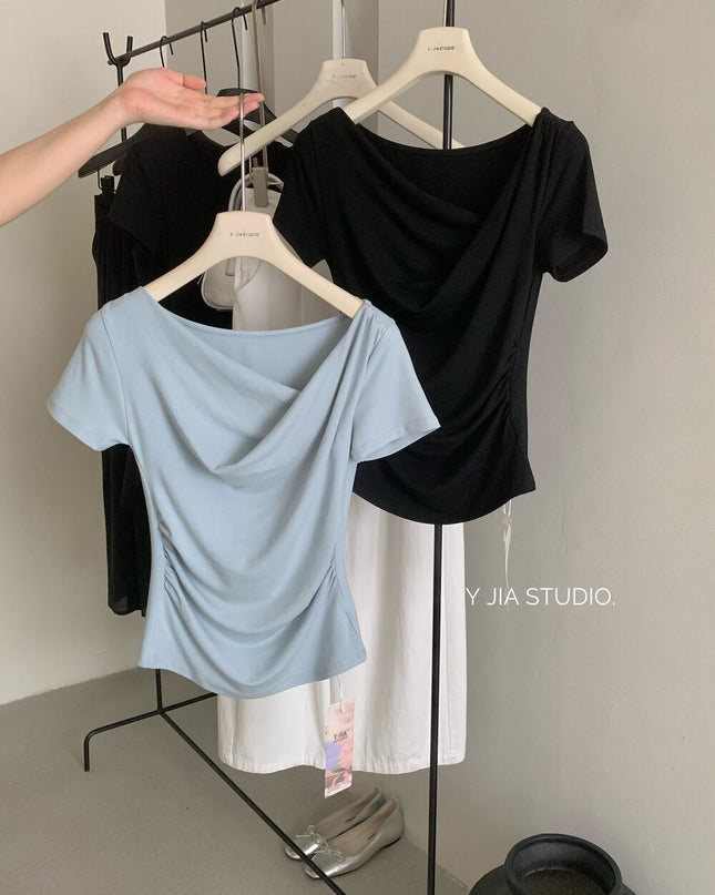 Y.JIA Asymmetrical Twist Neck Lyocell Slim-Fit Tee