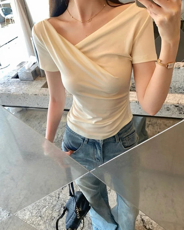 Y.JIA Asymmetrical Twist Neck Lyocell Slim-Fit Tee