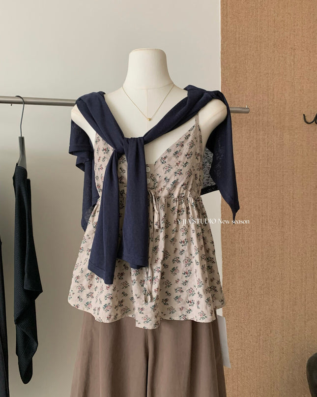 Y.JIA Ruched Floral Tie-Strap Cami + Light Cardigan Set