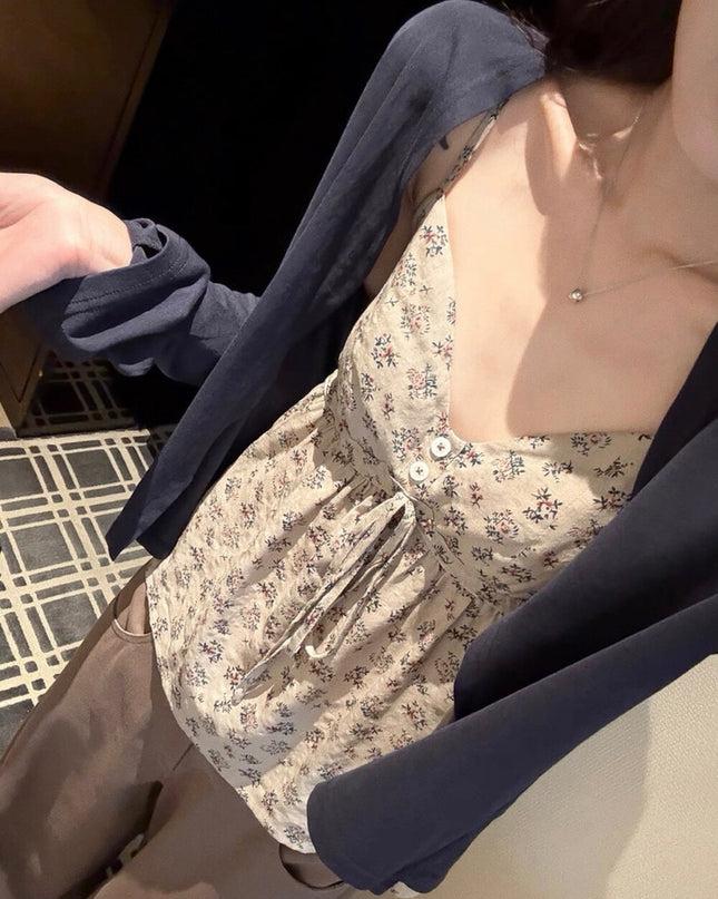 Y.JIA Ruched Floral Tie-Strap Cami + Light Cardigan Set