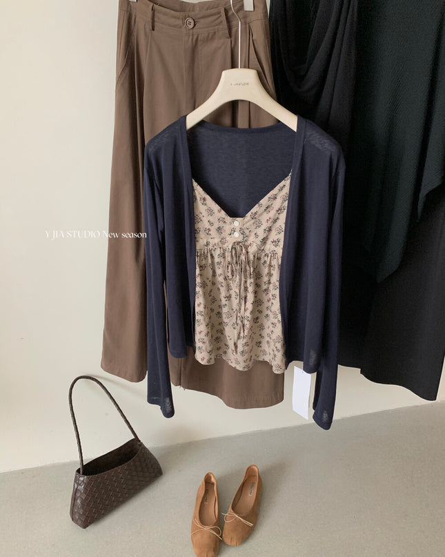 Y.JIA Ruched Floral Tie-Strap Cami + Light Cardigan Set