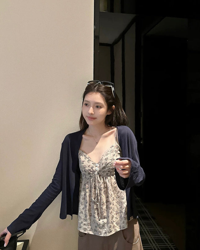 Y.JIA Ruched Floral Tie-Strap Cami + Light Cardigan Set