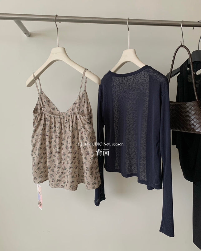 Y.JIA Ruched Floral Tie-Strap Cami + Light Cardigan Set