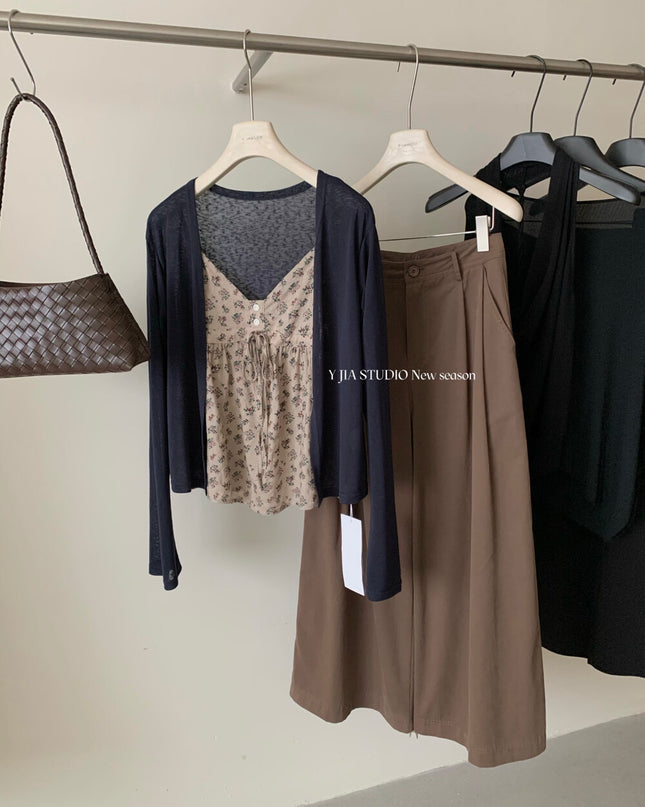 Y.JIA Ruched Floral Tie-Strap Cami + Light Cardigan Set